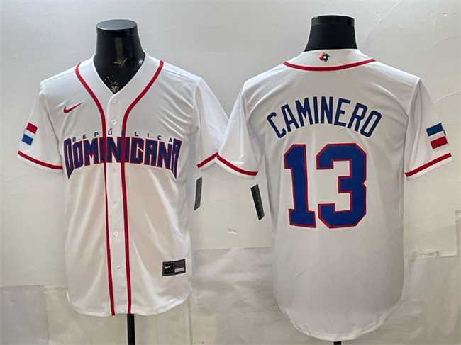 Mens Dominican Republic Baseball #13 Junior Caminero White 2026 World Baseball Classic Home Stadium Stitched Jersey
