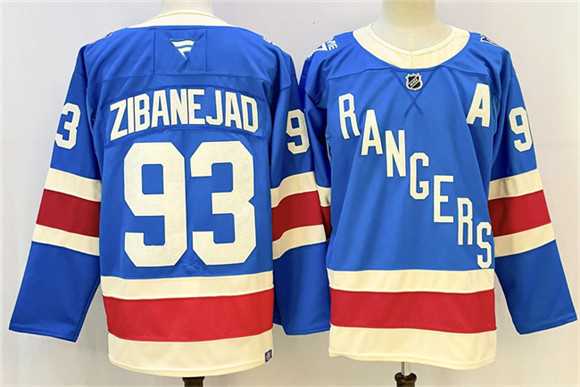 Mens New York Rangers #93 Mika Zibanejad Blue With A Patch Stitched Jersey