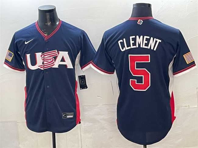 Mens USA Baseball #5 Ernie Clement Navy 2026 World Baseball Classic Road Stadium Stitched Jersey