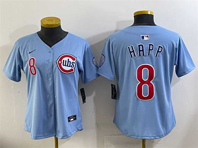 Womens Chicago Cubs #8 Ian Happ Blue 2024 25 2nd Alternatemited Stitched Baseball Jersey(Run Small)