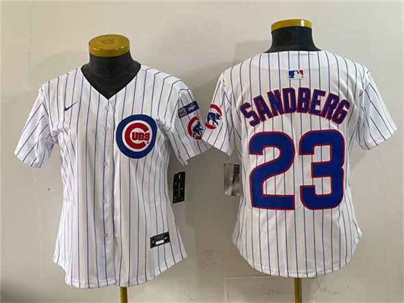 Womens Chicago Cubs #23 Ryne Sandberg White Pinstripe Ryne Sandberg Tribute Vapor Limited V3 Stitched Jersey
