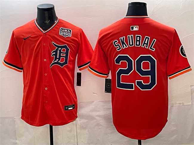 Mens Detroit Tigers #29 Tarik Skubal Orange 2026 Alternate USA 250 Patch Vapor Premier Limited Stitched Jersey Dzhi