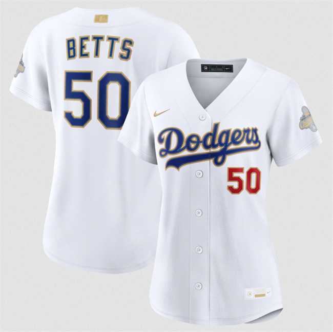 Womens Los Angeles Dodgers #50 Mookie Betts White 2026 Gold Collection Stadium Stitched Jersey Dzhi->mlb womens jerseys->MLB Jersey