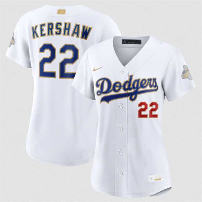 Womens Los Angeles Dodgers #22 Clayton Kershaw White 2026 Gold Collection Stadium Stitched Jersey Dzhi