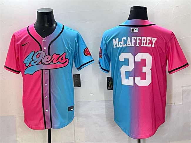Mens San Francisco 49ers #23 Christian McCaffrey Pink Blue Limited Stitched Baseball Jersey