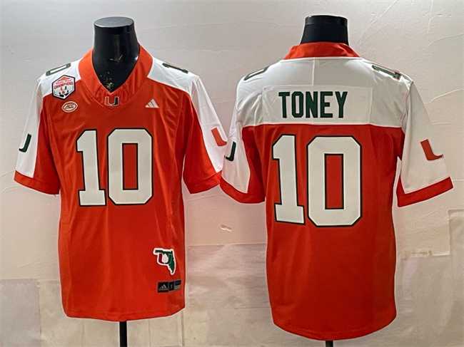 Mens Miami Hurricanes #10 Malachi Toney Orange Alternate F.U.S.E. The Fiesta Bowl Champions & Florida Patch Stitched Football Jersey