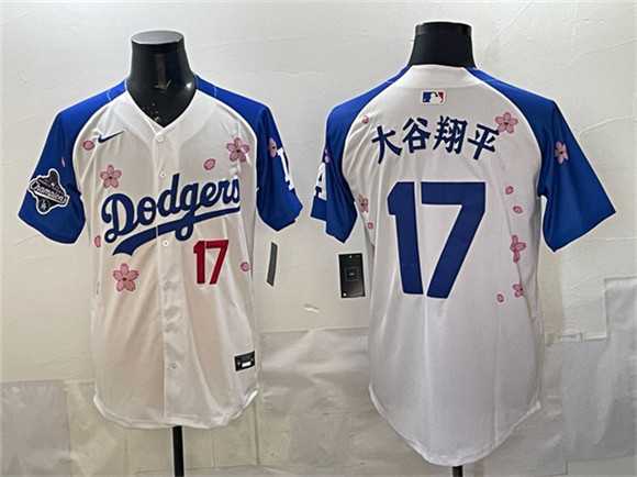 Mens Los Angeles Dodgers #17 Ohtani White Royal 2025 World Series Champions Patch Tokyo Series Limited Stitched Jersey Dzhi