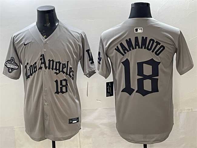 Mens Los Angeles Dodgers #18 Yoshinobu Yamamoto Grey LA Gothic Style With 2025 World Series Champions Patch Limited Stitched Jersey Dzhi