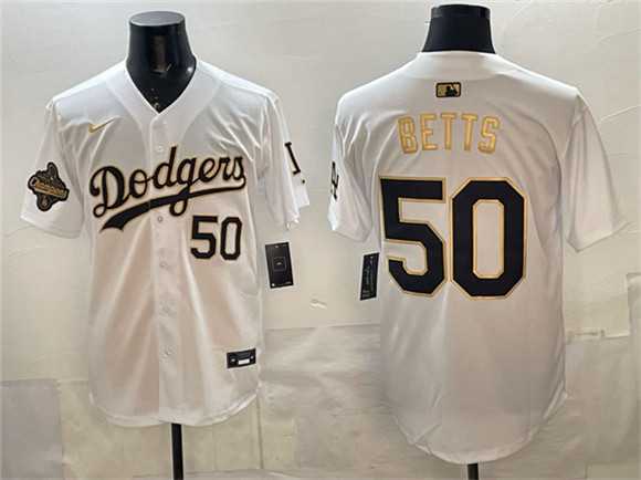 Mens Los Angeles Dodgers #50 Mookie Betts White Gold 2025 World Series Champions Patch Limited Stitched Jersey Dzhi