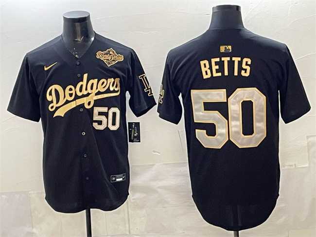 Mens Los Angeles Dodgers #50 Mookie Betts Black Gold 2025 World Series Patch Limited Stitched Jersey Dzhi
