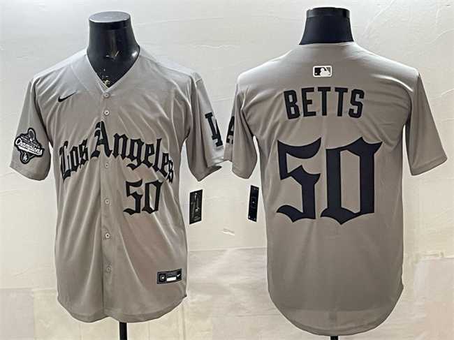 Mens Los Angeles Dodgers #50 Mookie Betts Grey LA Gothic Style With 2025 World Series Champions Patch Limited Stitched Jersey Dzhi