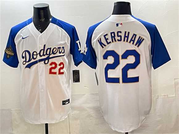 Mens Los Angeles Dodgers #22 Clayton Kershaw White Royal 2025 World Series Champions Patch Limited Stitched Jersey Dzhi