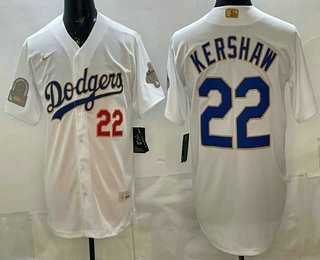 Mens Los Angeles Dodgers #22 Clayton Kershaw White Gold World Series Champions Collection Limited Jersey