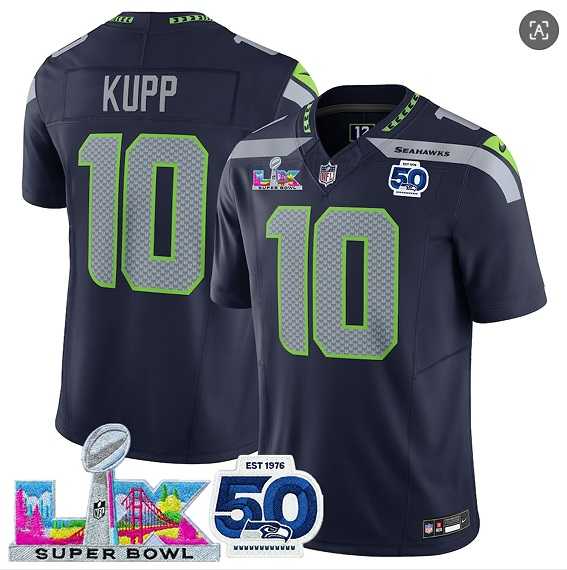 Mens Seattle Seahawks #10 Cooper Kupp Navy 2025 F.U.S.E. Super Bowl LX Patch And 50th Season Patch Vapor Limited Stitched Jersey