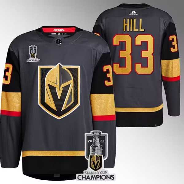 Mens Vegas Golden Knights #33 Adin Hill Gray 2023 Stanley Cup Champions Stitched Jersey Dzhi