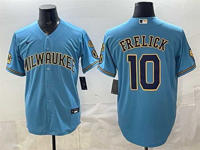 Mens Milwaukee Brewers #10 Sal Frelick Blue With Home & Bob Uecker Patch Stitched Jersey->milwaukee brewers->MLB Jersey