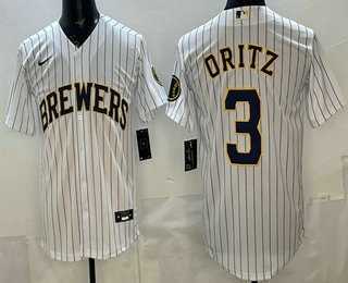Mens Milwaukee Brewers #3 Joey Ortiz White Cool Base Jersey->milwaukee brewers->MLB Jersey