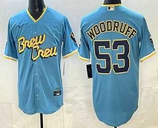 Mens Milwaukee Brewers #53 Brandon Woodruff Powder Blue 2022 City Connect Cool Base Jersey->milwaukee brewers->MLB Jersey