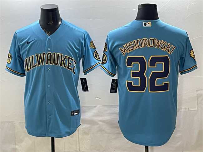 Mens Milwaukee Brewers #32 Jacob Misiorowski Blue With Home & Bob Uecker Patch Stitched Jersey->milwaukee brewers->MLB Jersey