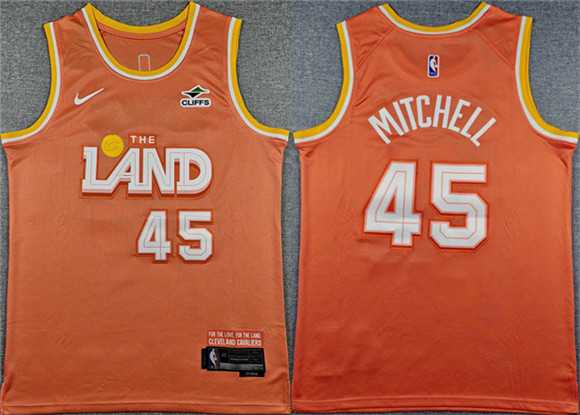 Mens Cleveland Cavaliers #45 Donovan Mitchell Orange 2025 City Edition Stitched Jersey
