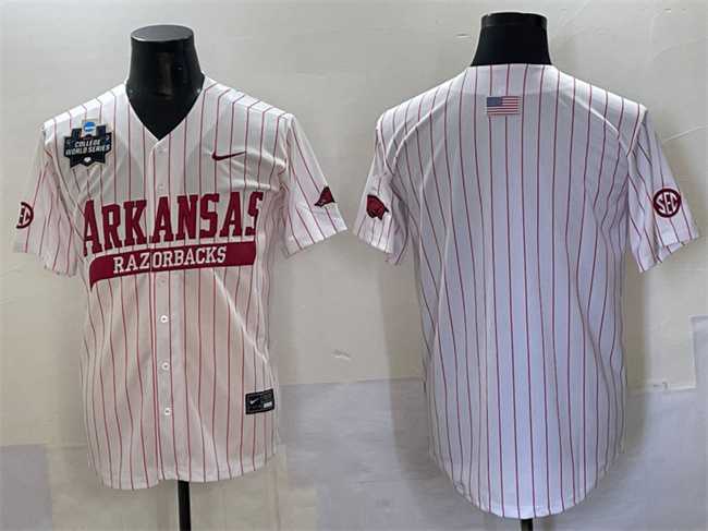 Mens Arkansas Razorbacks Blank White Pinstripe 2025 World Series & SEC Patch Stitched Jersey