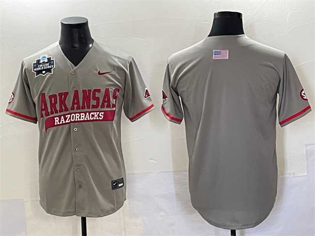 Mens Arkansas Razorbacks Blank Grey 2025 World Series & SEC Patch Stitched Jersey