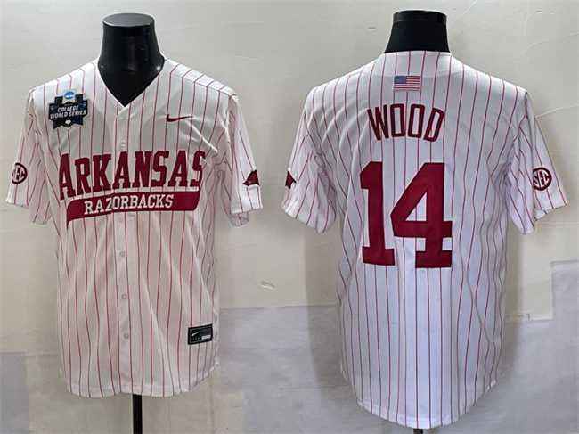 Mens Arkansas Razorbacks #14 Gage Wood White Pinstripe 2025 World Series & SEC Patch Stitched Jersey