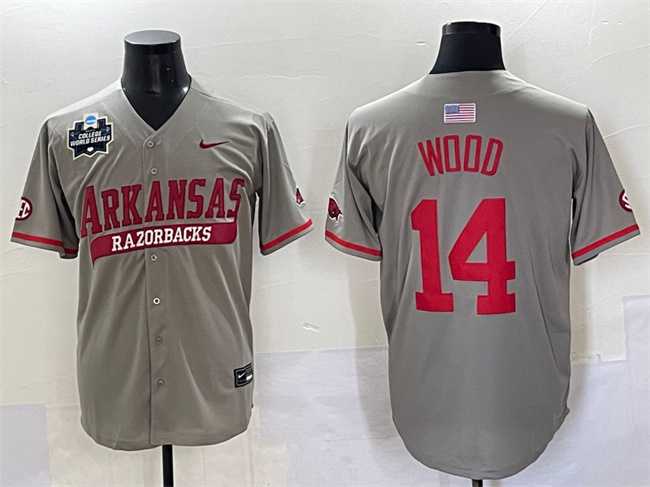 Mens Arkansas Razorbacks #14 Gage Wood Grey 2025 World Series & SEC Patch Stitched Jersey