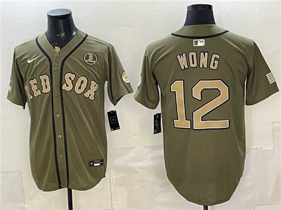 Mens Boston Red Sox #12 Connor Wong Olive Armed Forces Day Cool Base Stitched Jersey Dzhi
