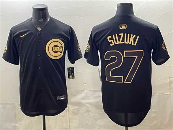 Mens Chicago Cubs #27 Seiya Suzuki Black Gold 150th Anniversary Patch Stitched Jersey Dzhi