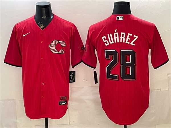 Mens Cincinnati Reds #28 Eugenio Suarez Red 2026 City Connect Stadium Stitched Jersey