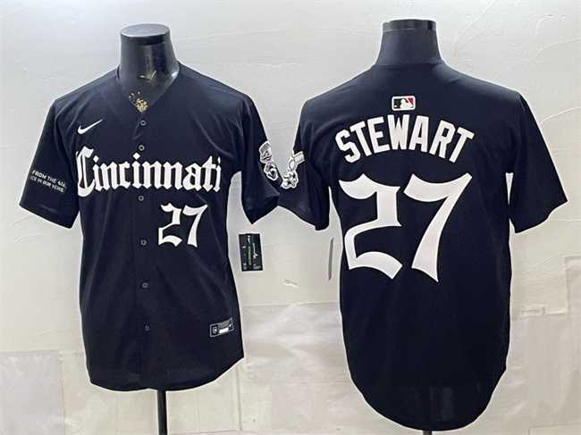 Mens Cincinnati Reds #27 Sal Stewart Black Gothic Queen City Edition Vapor Premier Limited Stitched Jersey