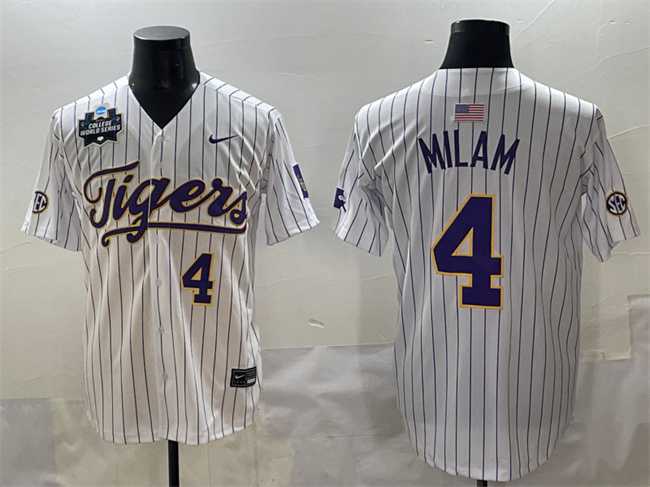 Mens LSU Tigers #4 Steven Milam White Pinstripe 2025 World Series & SEC Patch Stitched Baseball Jersey