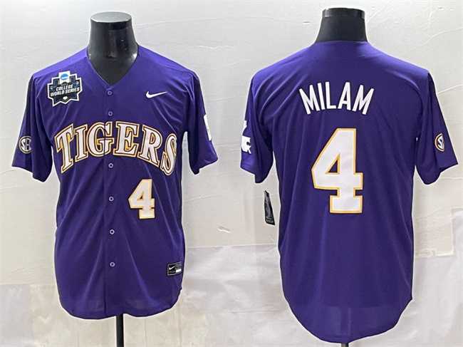 Mens LSU Tigers #4 Steven Milam Purple 2025 World Series & SEC Patch Stitched Baseball Jersey
