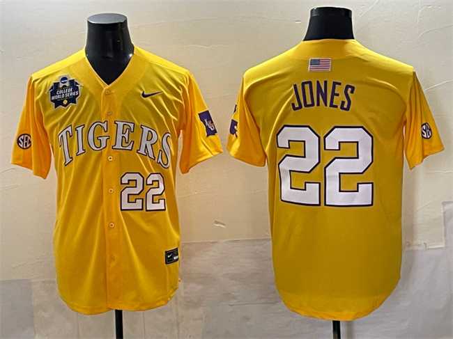 Mens LSU Tigers #22 Jared Jones Gold 2025 World Series & SEC Patch Stitched Baseball Jersey