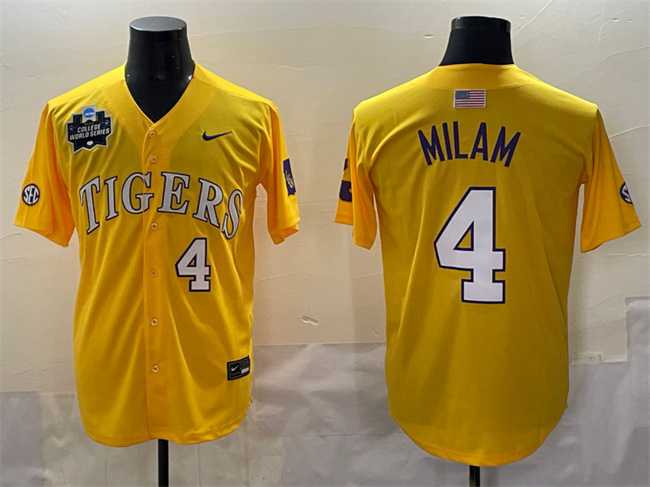 Mens LSU Tigers #4 Steven Milam Gold 2025 World Series & SEC Patch Stitched Baseball Jersey