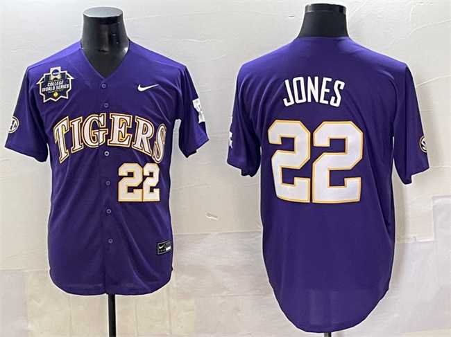 Mens LSU Tigers #22 Jared Jones Purple 2025 World Series & SEC Patch Stitched Baseball Jersey
