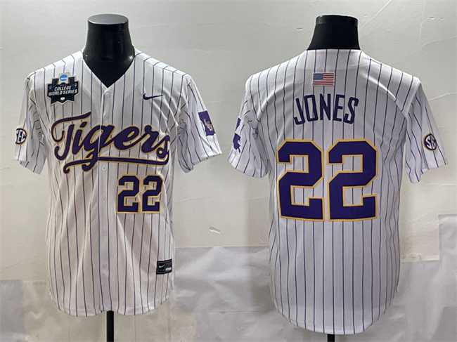Mens LSU Tigers #22 Jared Jones White Pinstripe 2025 World Series & SEC Patch Stitched Baseball Jersey