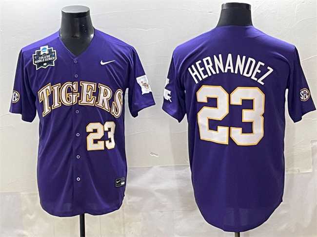 Mens LSU Tigers #23 Luis Hernandez Purple 2025 World Series & SEC Patch Stitched Baseball Jersey
