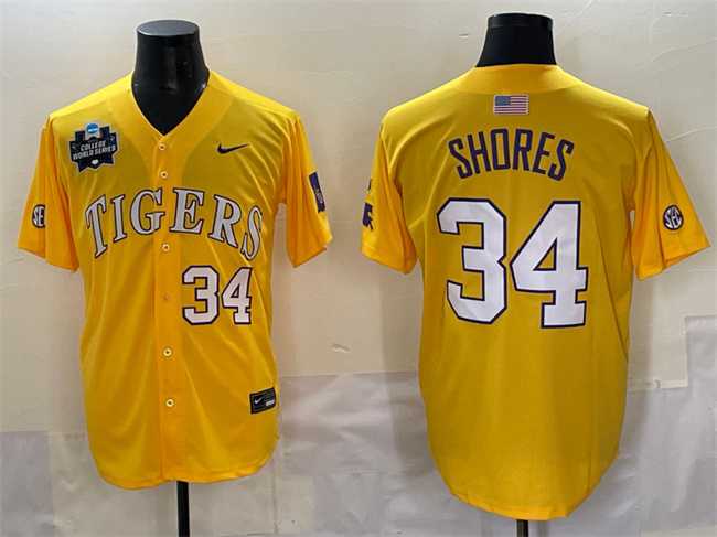 Mens LSU Tigers #34 Chase Shores Gold 2025 World Series & SEC Patch Stitched Baseball Jersey