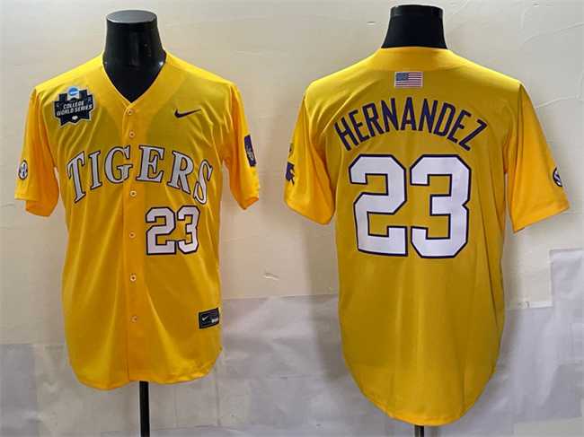 Mens LSU Tigers #23 Luis Hernandez Gold 2025 World Series & SEC Patch Stitched Baseball Jersey