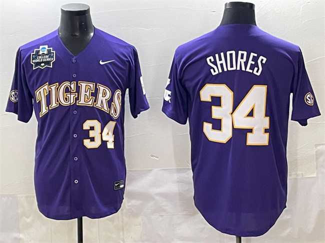 Mens LSU Tigers #34 Chase Shores Purple 2025 World Series & SEC Patch Stitched Baseball Jersey