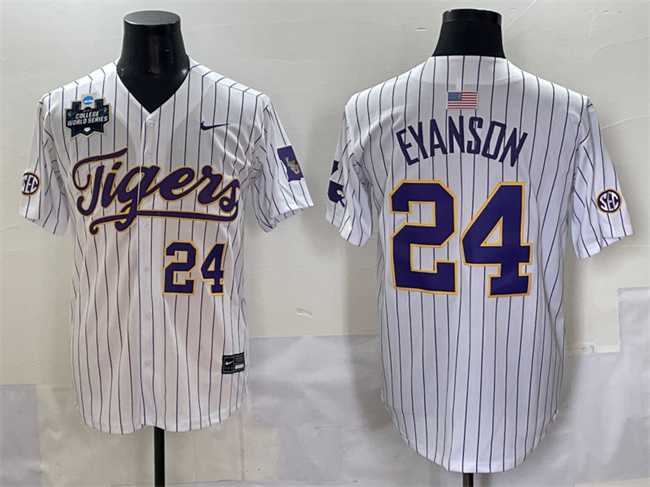 Mens LSU Tigers #24 Anthony Eyanson White Pinstripe 2025 World Series & SEC Patch Stitched Baseball Jersey