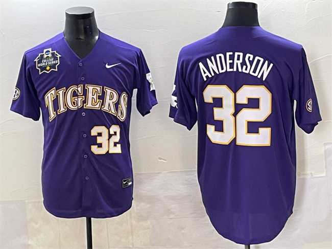 Mens LSU Tigers #32 Kade Anderson Purple 2025 World Series & SEC Patch Stitched Baseball Jersey
