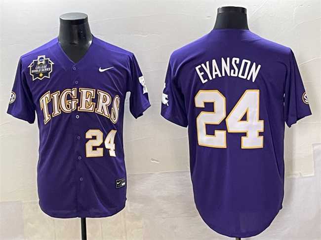 Mens LSU Tigers #24 Anthony Eyanson Purple 2025 World Series & SEC Patch Stitched Baseball Jersey