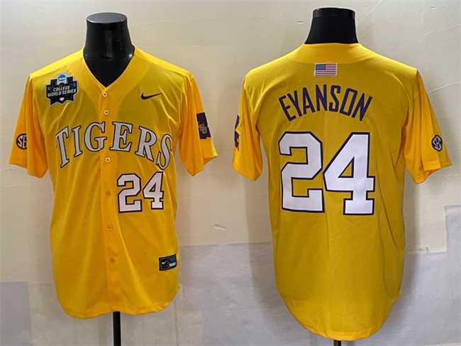 Mens LSU Tigers #24 Anthony Eyanson Gold 2025 World Series & SEC Patch Stitched Baseball Jersey