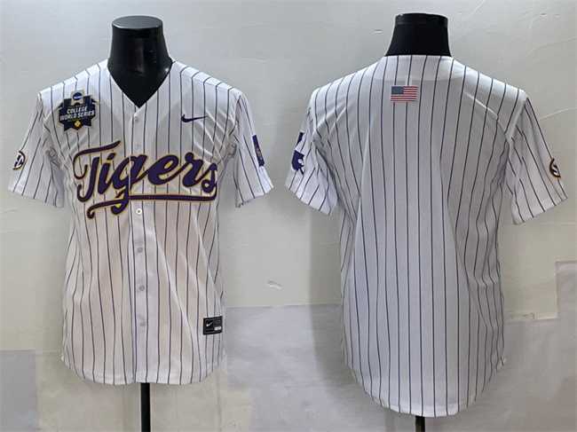 Mens LSU Tigers Blank White Pinstripe 2025 World Series & SEC Patch Stitched Baseball Jersey