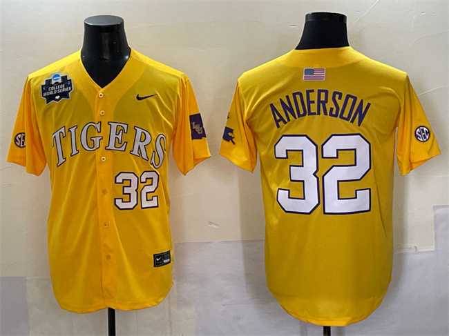 Mens LSU Tigers #32 Kade Anderson Gold 2025 World Series & SEC Patch Stitched Baseball Jersey