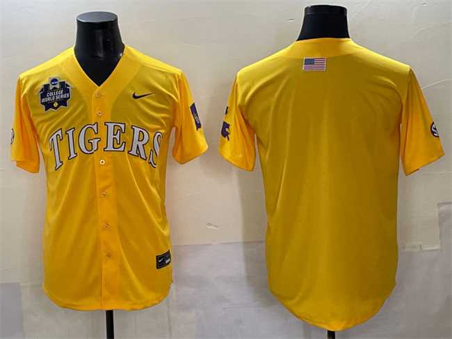 Mens LSU Tigers Blank Gold 2025 World Series & SEC Patch Stitched Baseball Jersey