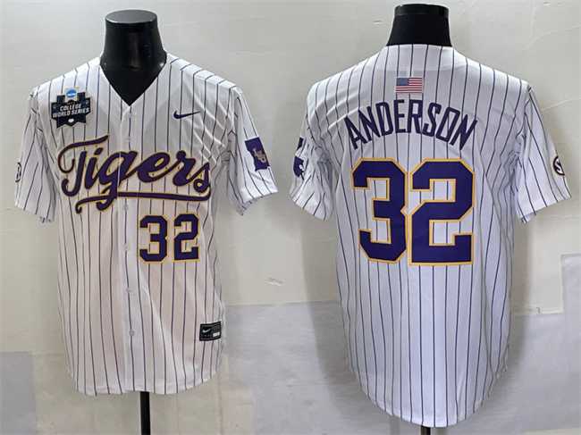 Mens LSU Tigers #32 Kade Anderson White Pinstripe 2025 World Series & SEC Patch Stitched Baseball Jersey